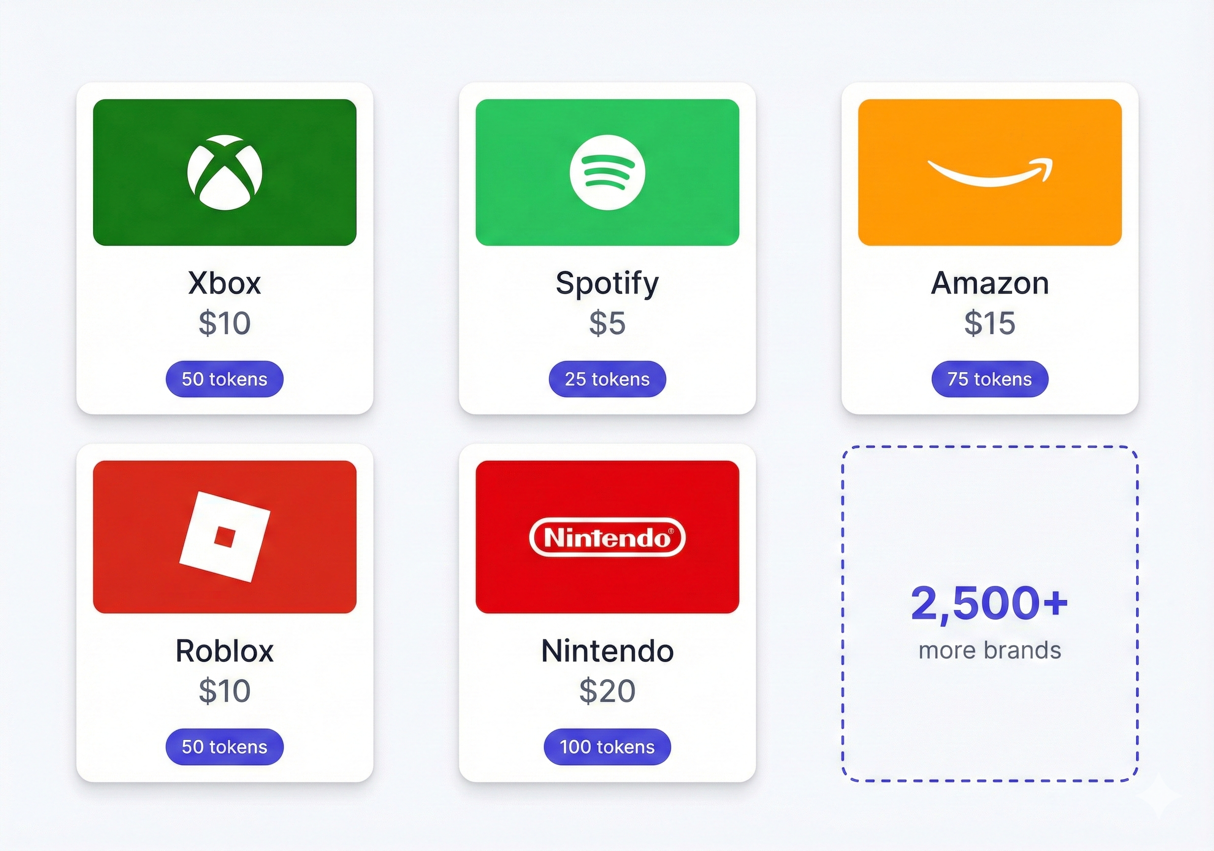 Gift card selection screen showing Xbox, Spotify, and Amazon options
