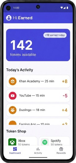 Earned app showing a child's token balance dashboard with earning and spending activity